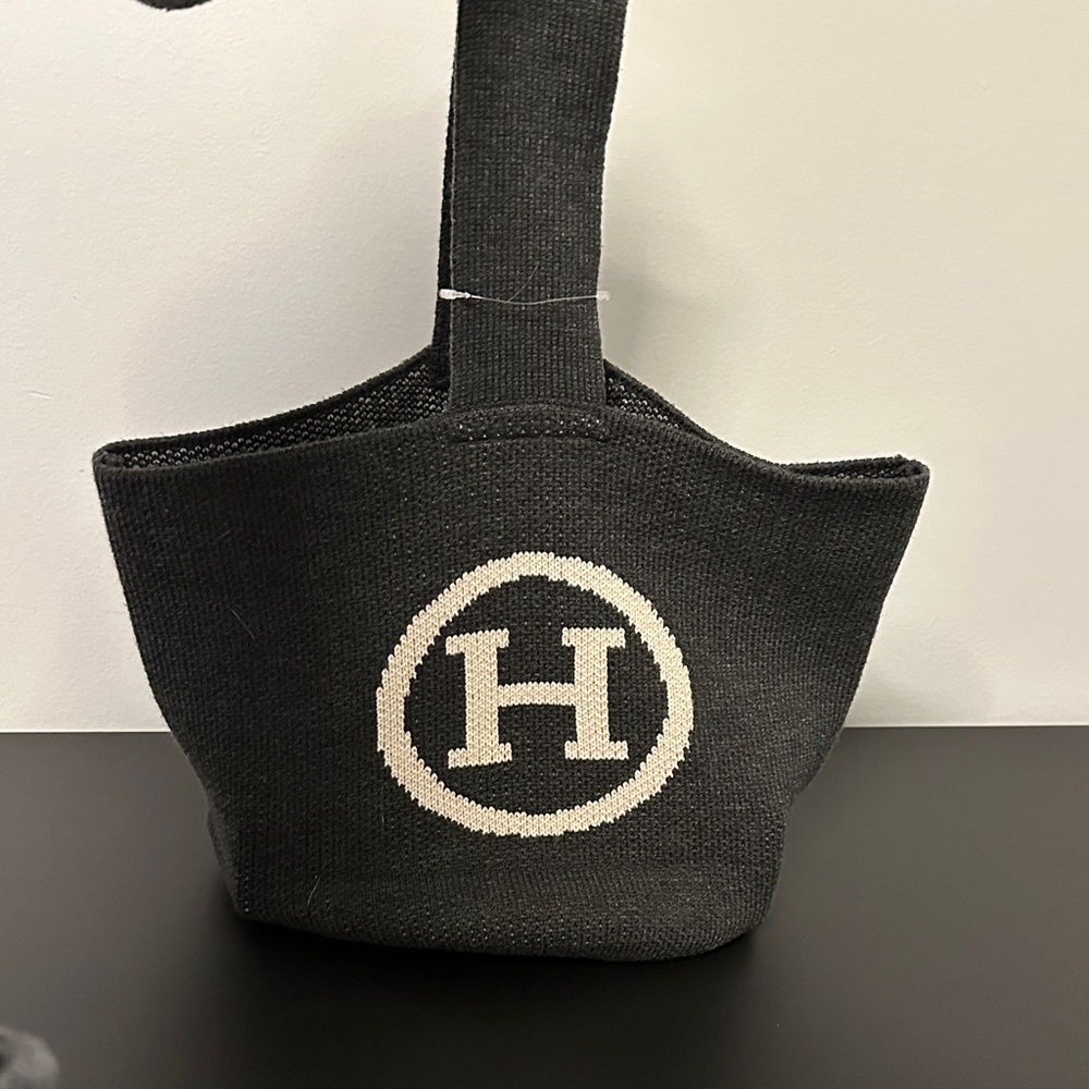 Elegant Charcoal Grey & Cream H-Logo Tote Bag in Sweater Material.
